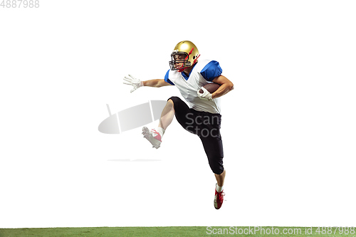 Image of American football player in action isolated on white studio background