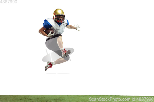 Image of American football player in action isolated on white studio background