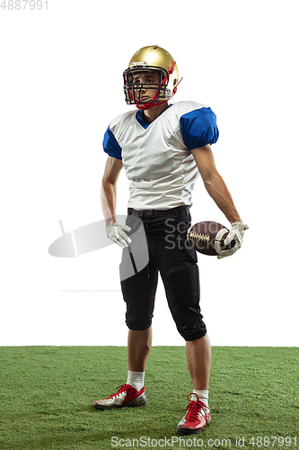 Image of American football player in action isolated on white studio background