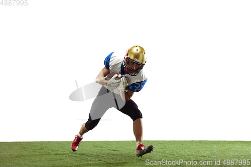 Image of American football player in action isolated on white studio background