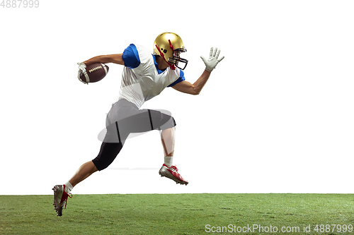 Image of American football player in action isolated on white studio background