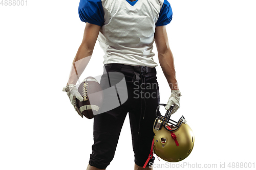 Image of American football player in action isolated on white studio background