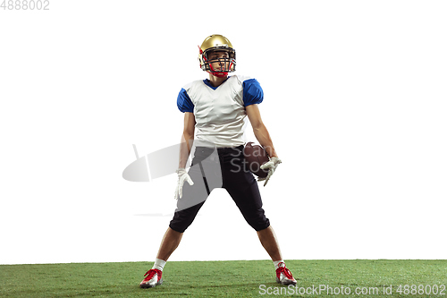 Image of American football player in action isolated on white studio background