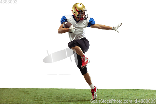 Image of American football player in action isolated on white studio background