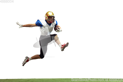 Image of American football player in action isolated on white studio background