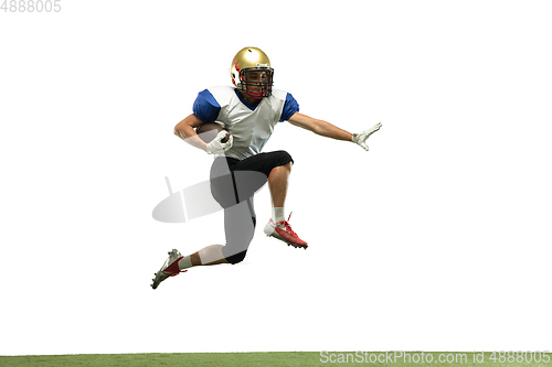 Image of American football player in action isolated on white studio background