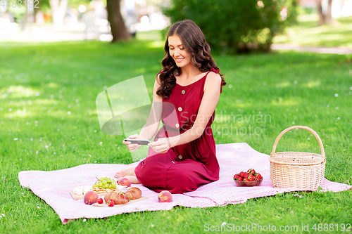 Image of happy woman with smartphone on picnic at park