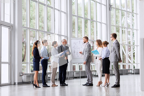 Image of business team with scheme on flip chart at office