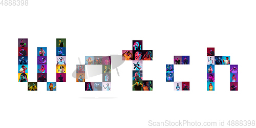 Image of Collage of portraits of young people on multicolored background in neon light making WATCH lettering