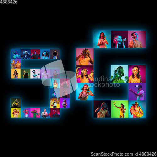 Image of Collage of portraits of young people on multicolored background in neon light making 5G lettering