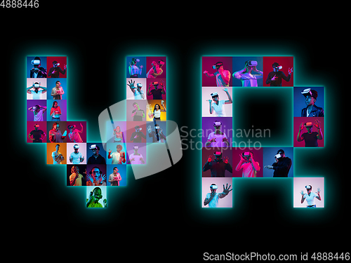 Image of Collage of portraits of young people on multicolored background in neon light making VR lettering