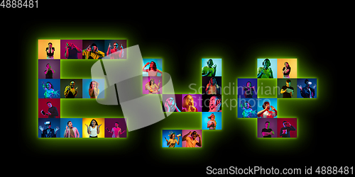 Image of Collage of portraits of young people on multicolored background in neon light making EYE lettering