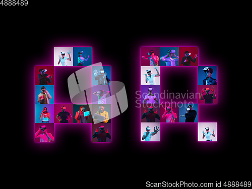 Image of Collage of portraits of young people on multicolored background in neon light making AR lettering