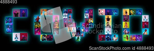 Image of Collage of portraits of young people on multicolored background in neon light making COVID lettering