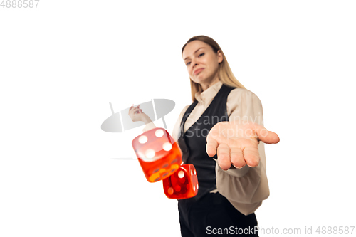 Image of Poker girl. Young woman, croupier isolated on white background. Highly tensioned, wide angle, fish eye view