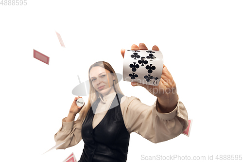 Image of Poker girl. Young woman, croupier isolated on white background. Highly tensioned, wide angle, fish eye view