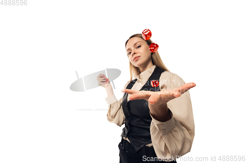 Image of Poker girl. Young woman, croupier isolated on white background. Highly tensioned, wide angle, fish eye view