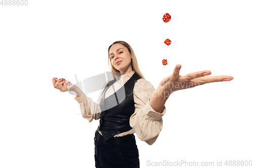 Image of Poker girl. Young woman, croupier isolated on white background. Highly tensioned, wide angle, fish eye view