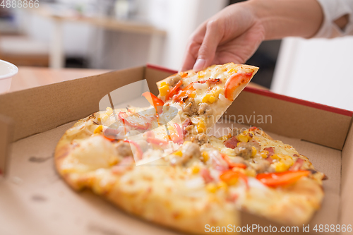 Image of People taking one slice of pizza