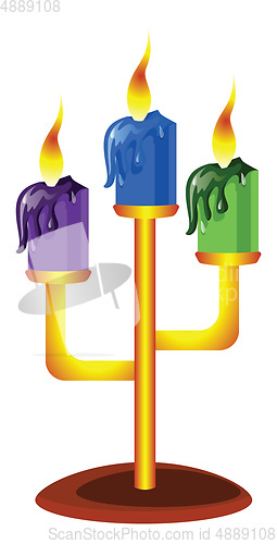 Image of Vector illustration of purple blue and green candles in golden c