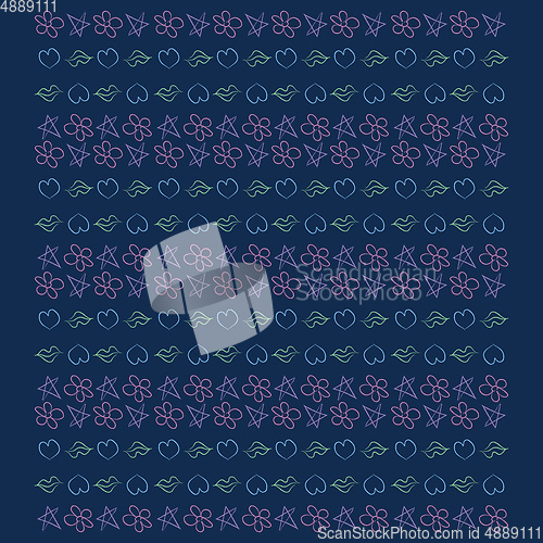 Image of A regular pattern of lips stars flowers and hearts arranged in r