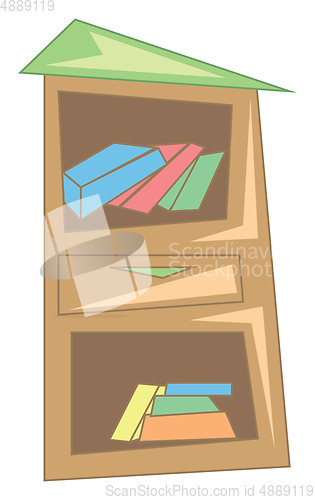 Image of A wooden book shelf with loads of books stacked inside vector co