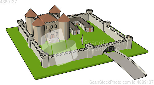 Image of Simple vector illustration of a medieval castle with fortified w