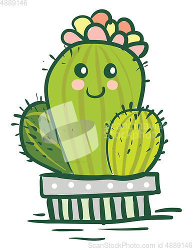 Image of A beautifully decorated cactus plant emoji with flower crown vec