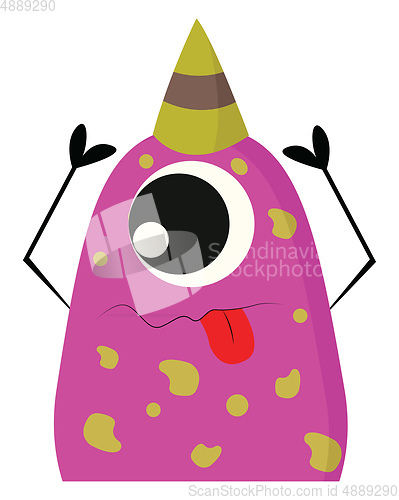 Image of Pink and yellow one-eyed party monster with a party hat and toun