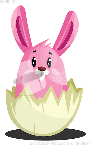 Image of Pink Easter bunny in cracked eggshell illustration web vector on