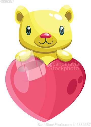 Image of Cute yellow bear holding a big pink heart vector illustration on
