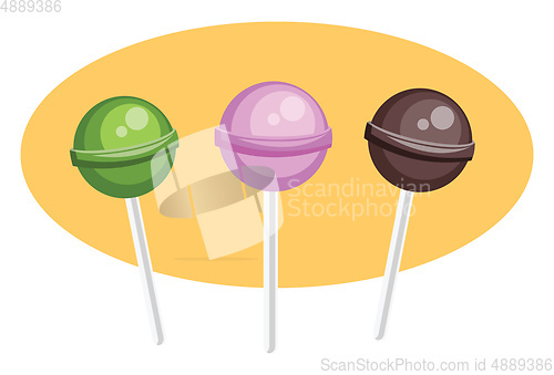 Image of A green a violet and a brown lollipop vector illustration in yel
