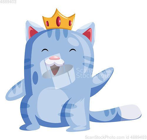 Image of Light blue cat with a golden crown smiling and wavingvector illu