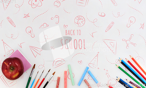 Image of Colorful school supplies corner border over a white background with words Back to school