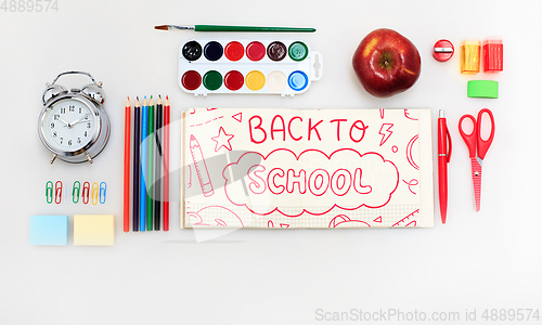 Image of Colorful school supplies corner border over a white background with words Back to school