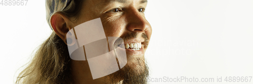 Image of Caucasian young man\'s close up shot on studio background, flyer