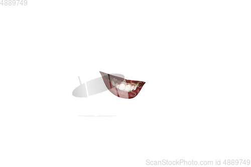 Image of Close-up view of female mouth wearing red lipstick isolated on white studio background