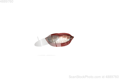 Image of Close-up view of female mouth wearing red lipstick isolated on white studio background