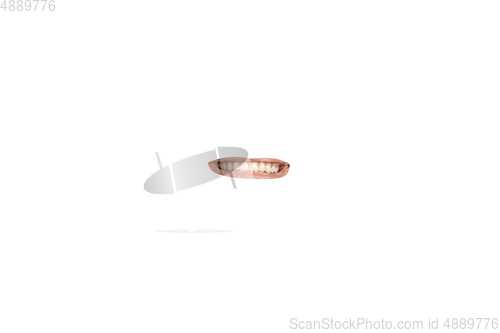 Image of Close-up view of female mouth wearing red lipstick isolated on white studio background