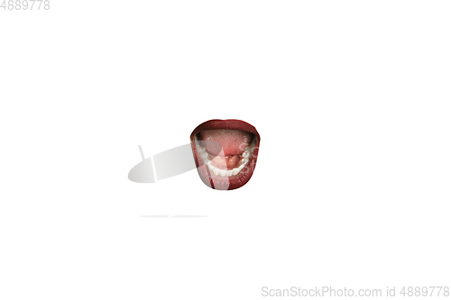 Image of Close-up view of female mouth wearing red lipstick isolated on white studio background