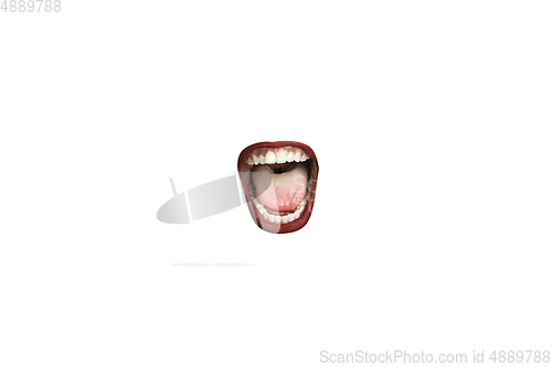 Image of Close-up view of female mouth wearing red lipstick isolated on white studio background