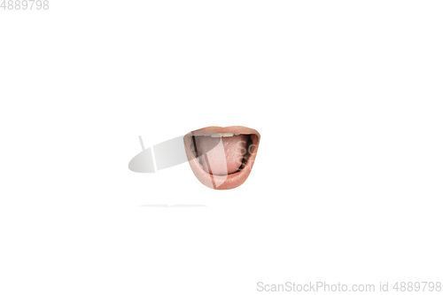 Image of Close-up view of female mouth wearing red lipstick isolated on white studio background