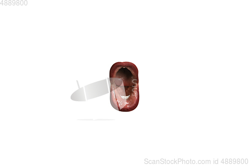 Image of Close-up view of female mouth wearing red lipstick isolated on white studio background