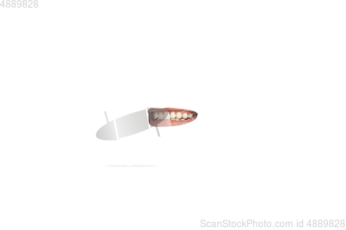 Image of Close-up view of female mouth wearing lipstick isolated on white studio background