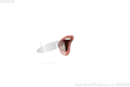 Image of Close-up view of female mouth wearing lipstick isolated on white studio background