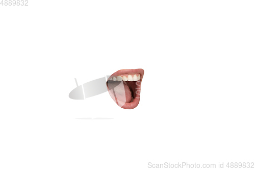 Image of Close-up view of female mouth wearing lipstick isolated on white studio background