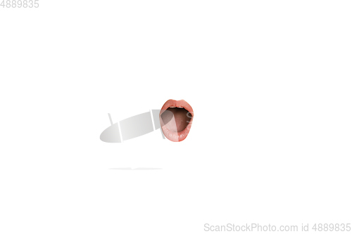 Image of Close-up view of female mouth wearing red lipstick isolated on white studio background