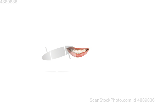 Image of Close-up view of female mouth wearing red lipstick isolated on white studio background