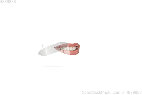 Image of Close-up view of female mouth wearing lipstick isolated on white studio background