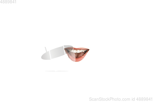 Image of Close-up view of female mouth wearing red lipstick isolated on white studio background